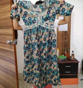 A blue green Nayra Pattern Anarkali Kurta with Dup