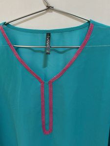 Blue Kaftan Top with Pink Pom Poms