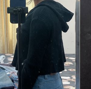 Black Ribbed Zip-Up Hoodie