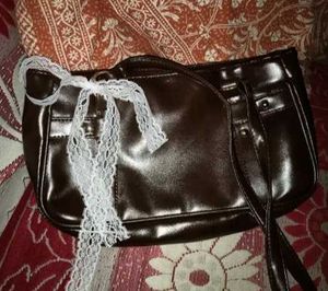 Brown Faux Leather Handbag with Lace Detail