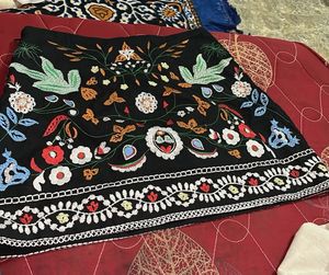Embroidered Black A-Line Skirt