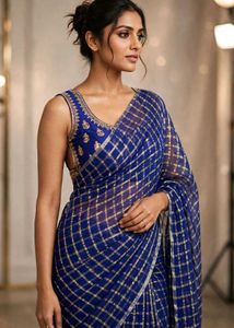 Elegant Blue Checked Saree