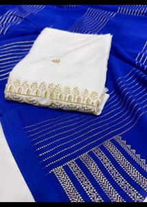 Elegant Blue Saree White Blouse Piece