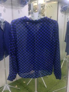 Blue Checkered Sheer Button-Up Shirt