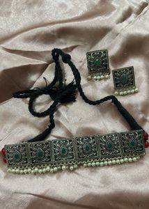Oxidised Silver Choker Necklace with Earrings