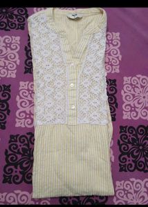Max Yellow Striped Kurta with Lace Neckline