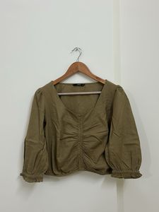 Olive Ruched Front Long Sleeve Top