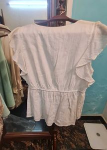 White V-Neck Flutter Sleeve Top