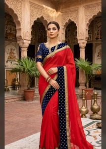 Elegant Red Saree with Navy Blue Border