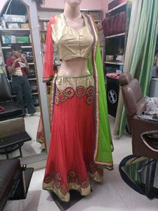 Stunning Red &amp; Green Embroidered Lehenga Choli Set