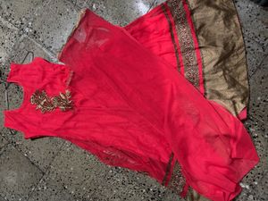 Vibrant Red Kurta Set with Gold Embroidery