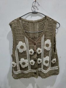 Crocheted Floral V-Neck Vest