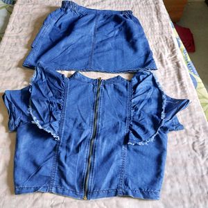 Denim Ruffled Top &amp; Skirt Set