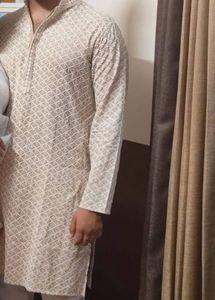 Men's Beige Embroidered Kurta
