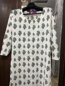 White Kurta with Green Floral Print