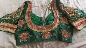 Heavy Aari work Embroidered Green Silk Blouse