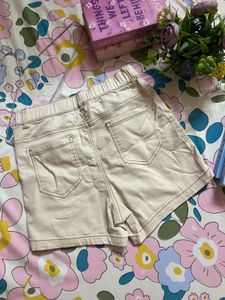 High-Waisted Cotton Denim Skort in Beige/Khaki