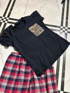 Cozy Plaid Pajama Set with Leopard Pocket