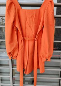 Orange Puff Sleeve Button-Up Dress
