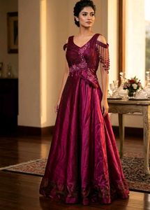 Wine Pleated Silk Designer Gown