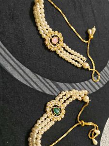 Pearl &amp; Stone Two Bracelets - Green and pink