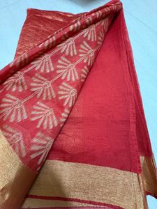 Vibrant Red Saree with Golden Border