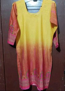 Vibrant Yellow Ombre Kurta with Pink Border