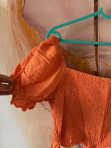 Orange Smocked Puff Sleeve Top