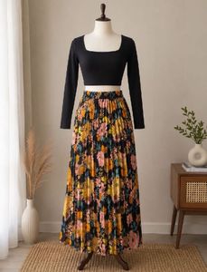 Black Square Neck Crop Top and Flower print skirt