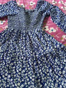 Blue Floral Smocked Midi Dress