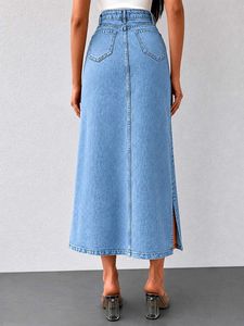 Light Wash Denim Maxi Skirt with Slits