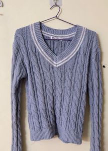 Light Blue Cable Knit V-Neck Sweater
