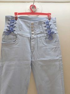 High Waisted Lace-Up Ice Blue Jeans