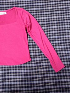 Hot Pink Square Neck Long Sleeve Zara Top
