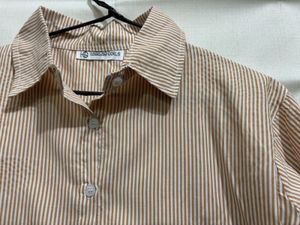 Women Brown Striped Collar Crop Shirt Top
