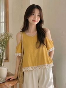 Korean Mustard Cold Shoulder Top with Lace