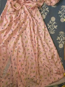 Pink Floral Corset Puff Sleeve Gown