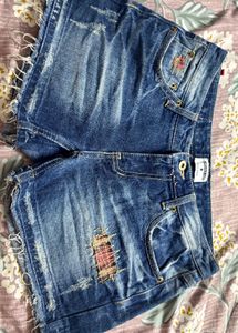 Distressed Denim Shorts with Patch Detail