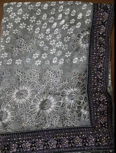 Elegant Grey Floral Embellished Saree