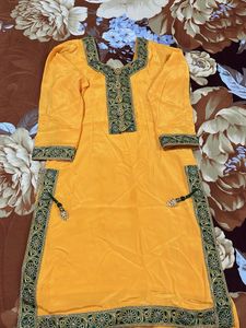 Yellow Kurta Set with Green Embroidery