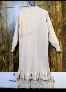 Cream Sweater Dress with Lace Trim