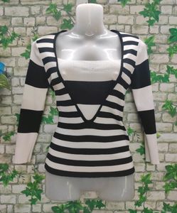 Black And White Striped Deep V-neck Top