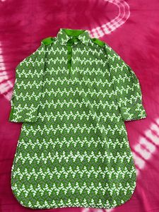 Green Floral Print Chikankari Work Tunic Kurta