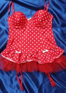 Red Polka Dot Bustier & Thong, fishnet stockings