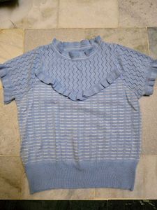 Cute Blue Knit Top with Ruffle Collar