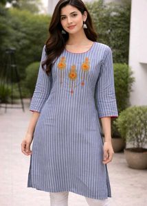 Striped Kurta with Embroidered Neckline