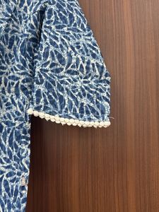 Blue Printed Kurta with Embellished Neckline