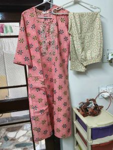 Pink Floral Kurta Set with Mirror Work