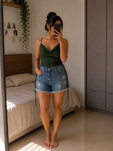 Distressed Denim Shorts with Lace-Up Detail