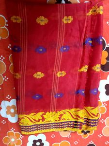 Vibrant Red Saree with Floral Motifs